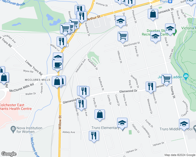 map of restaurants, bars, coffee shops, grocery stores, and more near 180 Kaulback Street in Truro