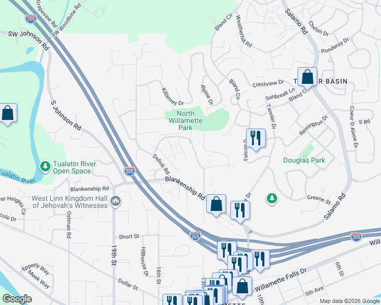 map of restaurants, bars, coffee shops, grocery stores, and more near 3709 Summerlinn Drive in West Linn