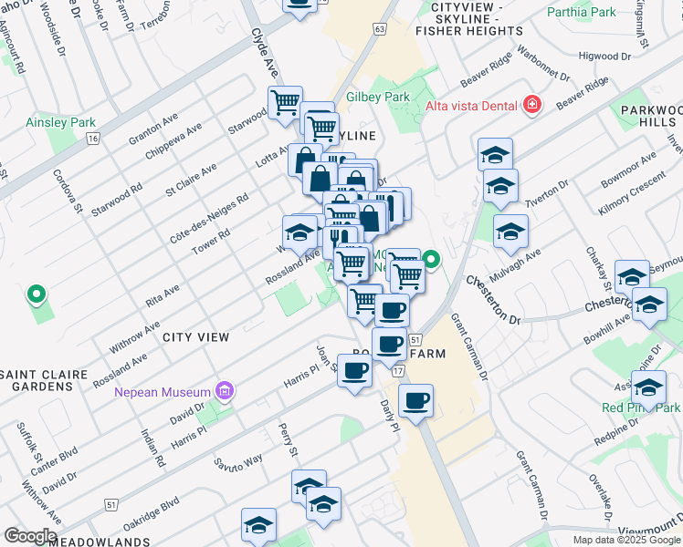 map of restaurants, bars, coffee shops, grocery stores, and more near in Ottawa