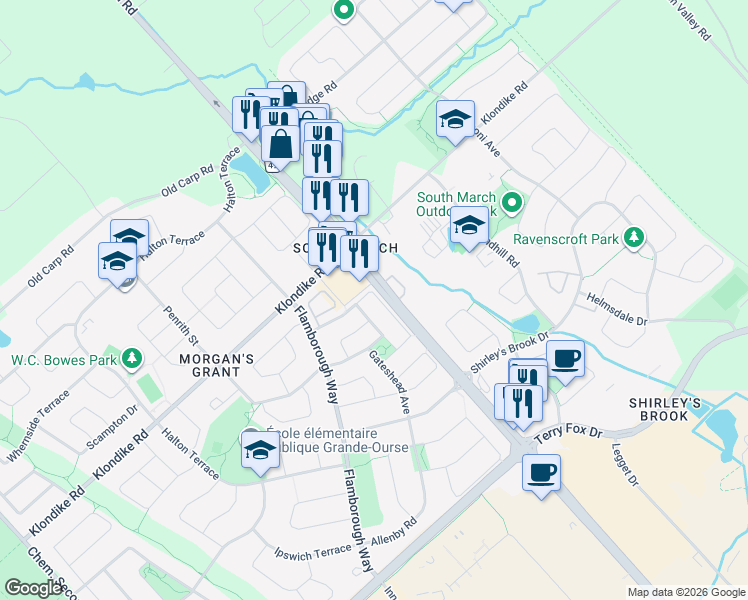 map of restaurants, bars, coffee shops, grocery stores, and more near 46 Mersey Drive in Ottawa