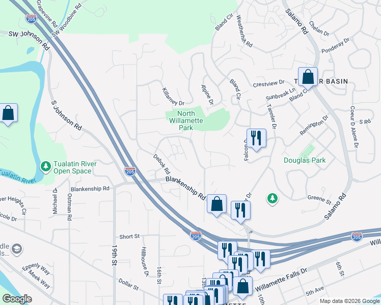 map of restaurants, bars, coffee shops, grocery stores, and more near 3604 Summerlinn Drive in West Linn