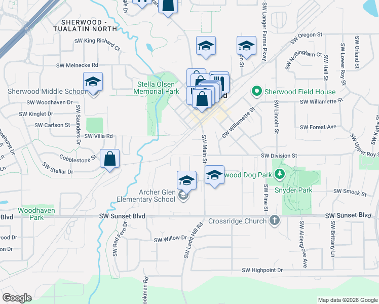 map of restaurants, bars, coffee shops, grocery stores, and more near 16027 Southwest Division Street in Sherwood