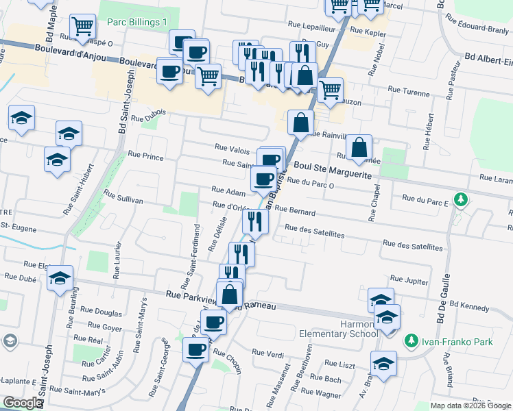 map of restaurants, bars, coffee shops, grocery stores, and more near 185 Boulevard Saint-Jean-Baptiste in Châteauguay