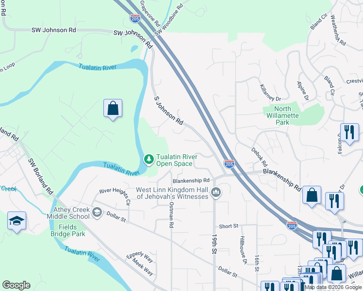 map of restaurants, bars, coffee shops, grocery stores, and more near 1132 Ryan Court in West Linn