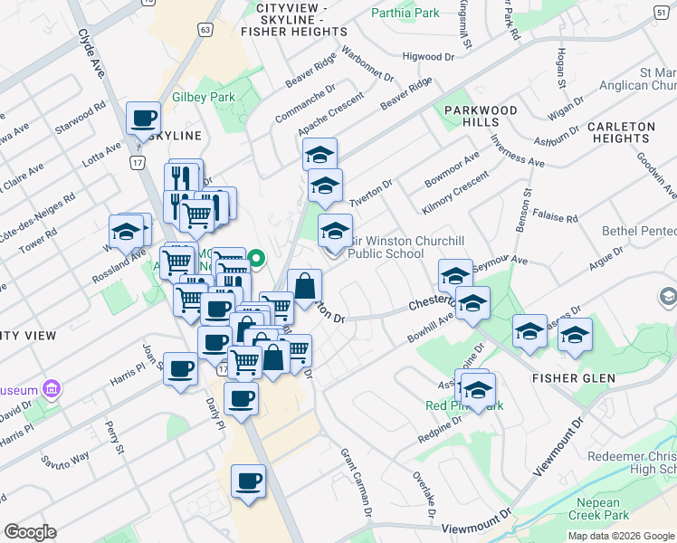 map of restaurants, bars, coffee shops, grocery stores, and more near 52 Mulvagh Avenue in Ottawa