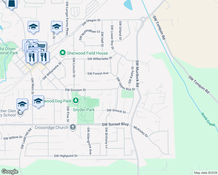 map of restaurants, bars, coffee shops, grocery stores, and more near 14905 Southwest Division Street in Sherwood