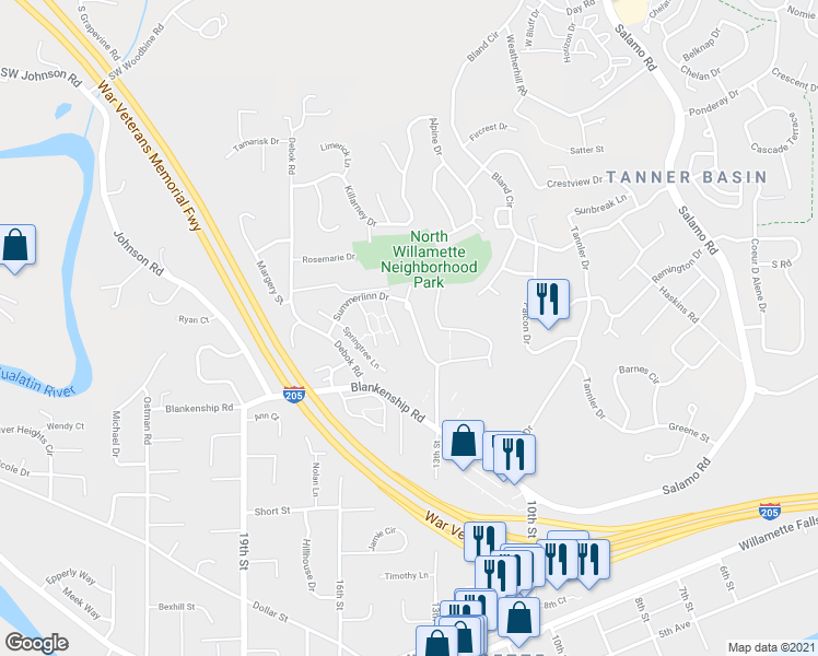 map of restaurants, bars, coffee shops, grocery stores, and more near 3604 Summerlinn Drive in West Linn
