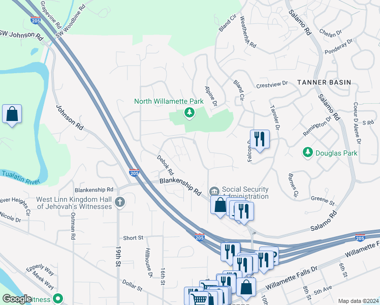 map of restaurants, bars, coffee shops, grocery stores, and more near 3604 Summerlinn Drive in West Linn