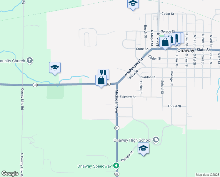 map of restaurants, bars, coffee shops, grocery stores, and more near 21045 Michigan 68 in Onaway
