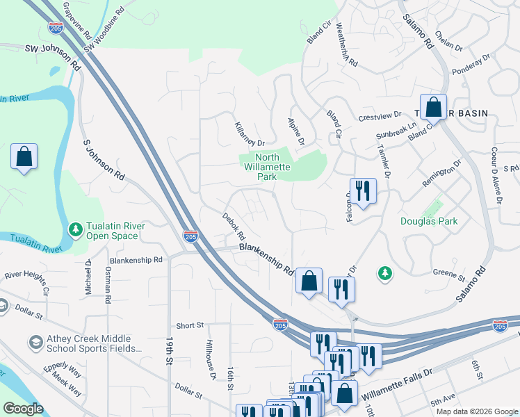 map of restaurants, bars, coffee shops, grocery stores, and more near 2145 Snowberry Ridge Court in West Linn