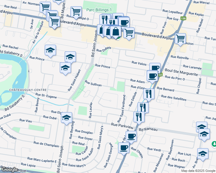 map of restaurants, bars, coffee shops, grocery stores, and more near 72 Rue Sullivan in Châteauguay