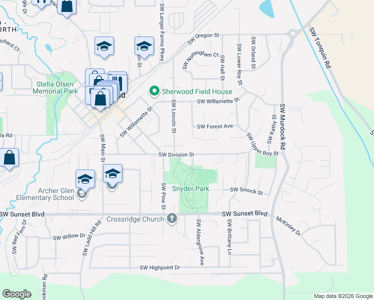 map of restaurants, bars, coffee shops, grocery stores, and more near 15152 Southwest Barnsdale Drive in Sherwood