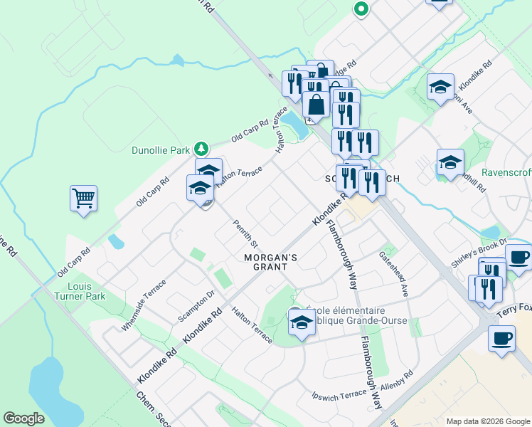 map of restaurants, bars, coffee shops, grocery stores, and more near 21 Kettlewell Way in Ottawa