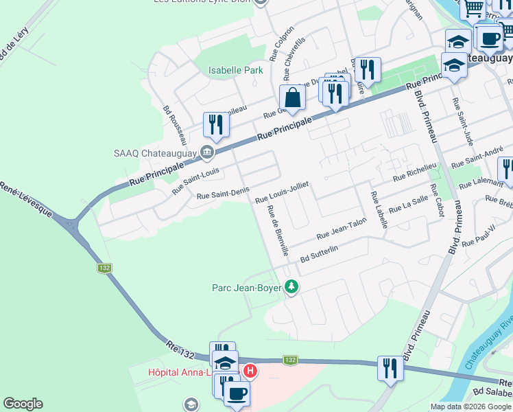 map of restaurants, bars, coffee shops, grocery stores, and more near 417 Rue Louis-Jolliet in Châteauguay