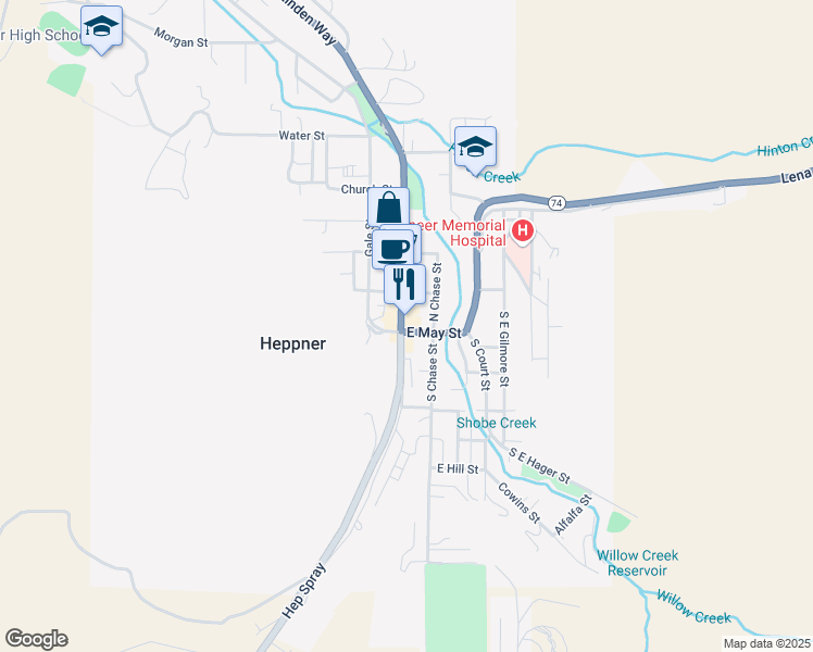 map of restaurants, bars, coffee shops, grocery stores, and more near 124 North Main Street in Heppner