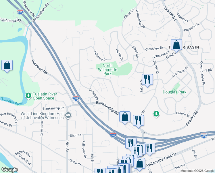 map of restaurants, bars, coffee shops, grocery stores, and more near 2460 Snowberry Ridge Court in West Linn