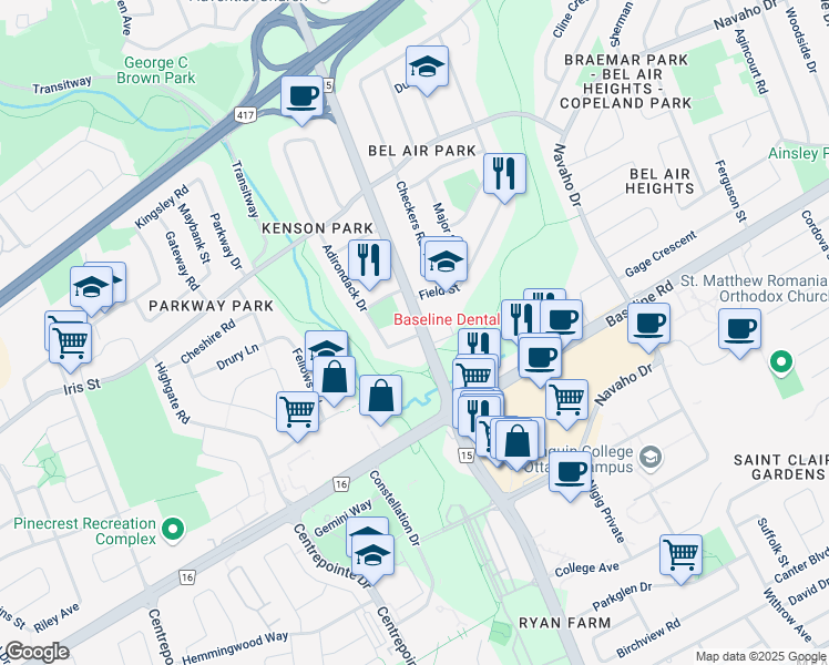 map of restaurants, bars, coffee shops, grocery stores, and more near 1321 Adirondack Drive in Ottawa