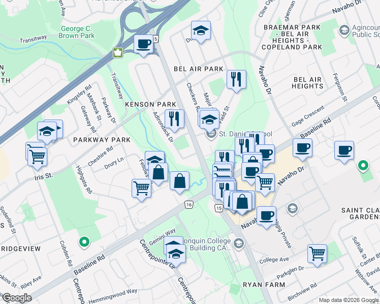 map of restaurants, bars, coffee shops, grocery stores, and more near 1278 Woodroffe Avenue in Ottawa
