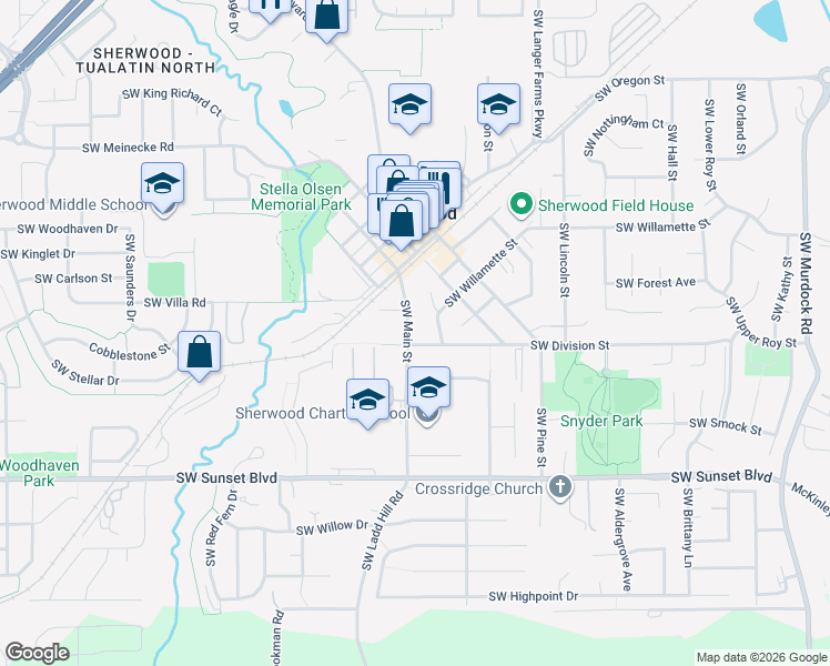 map of restaurants, bars, coffee shops, grocery stores, and more near 22986 Southwest Main Street in Sherwood