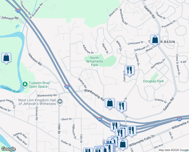 map of restaurants, bars, coffee shops, grocery stores, and more near 2450 Snowberry Ridge Court in West Linn