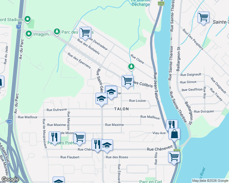 map of restaurants, bars, coffee shops, grocery stores, and more near 79 Rue Fortier in Saint-Jean-sur-Richelieu