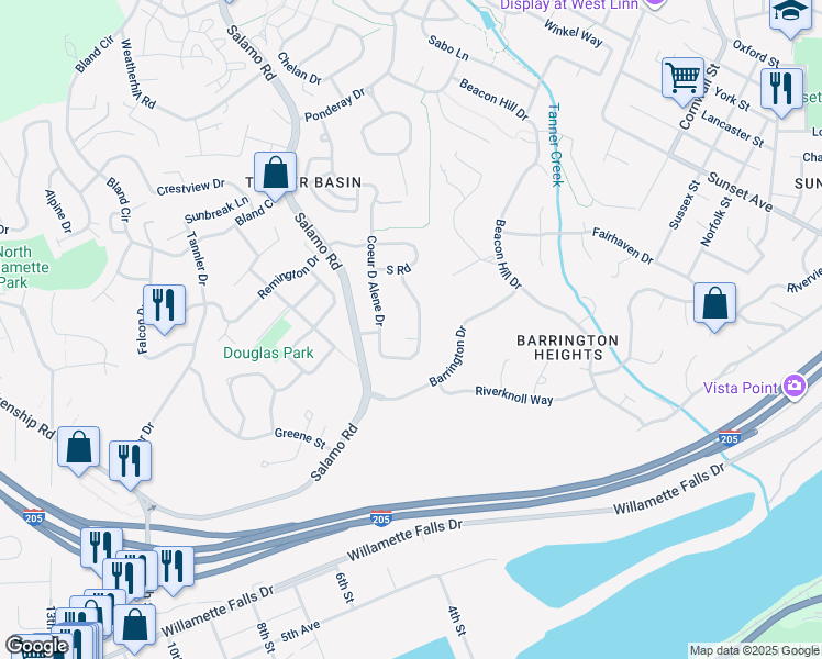 map of restaurants, bars, coffee shops, grocery stores, and more near 2934 Coeur D Alene Drive in West Linn
