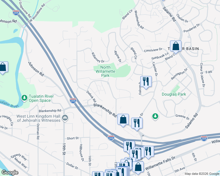 map of restaurants, bars, coffee shops, grocery stores, and more near 3701 Summerlinn Drive in West Linn