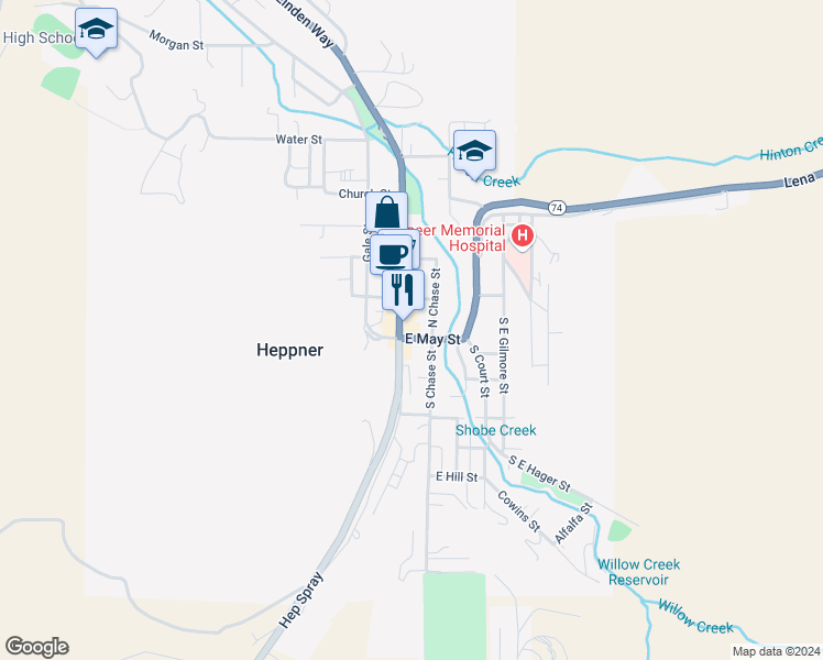 map of restaurants, bars, coffee shops, grocery stores, and more near 124 North Main Street in Heppner