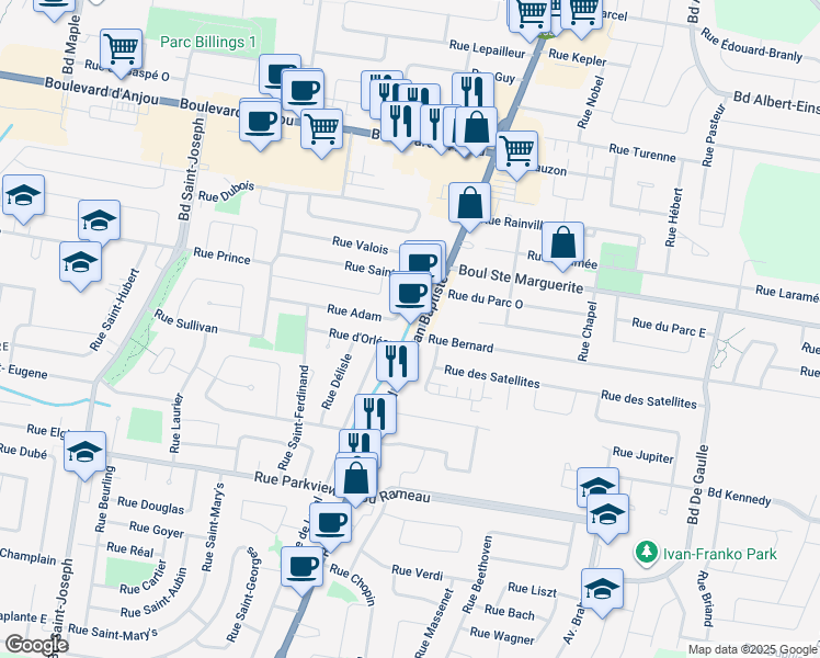 map of restaurants, bars, coffee shops, grocery stores, and more near 168 Boulevard Saint-Jean-Baptiste in Châteauguay