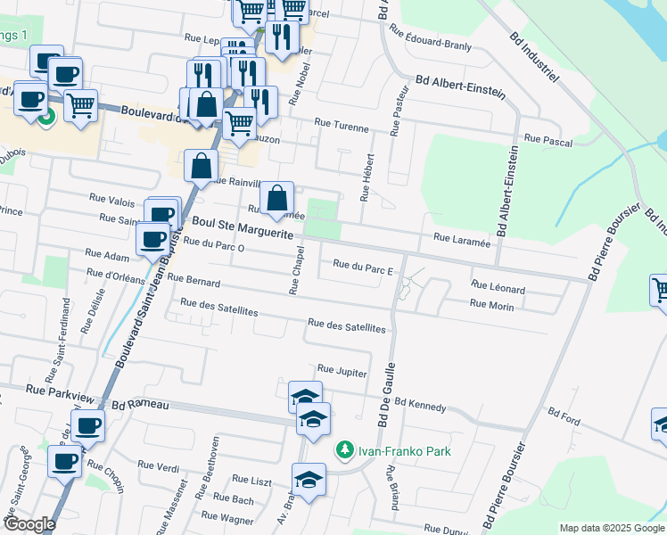 map of restaurants, bars, coffee shops, grocery stores, and more near 50 Rue du Parc Est in Châteauguay