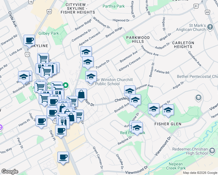 map of restaurants, bars, coffee shops, grocery stores, and more near 30 Woodmount Crescent in Ottawa