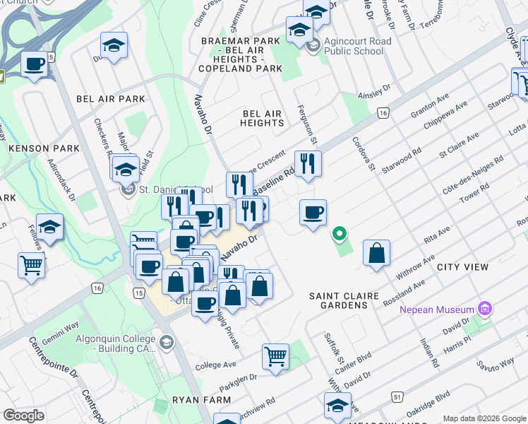 map of restaurants, bars, coffee shops, grocery stores, and more near 20 Deerfield Drive in Ottawa