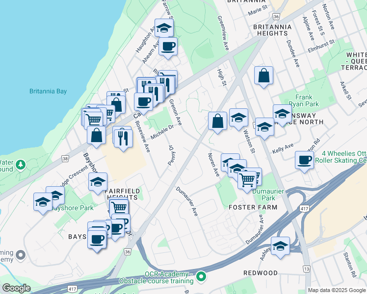 map of restaurants, bars, coffee shops, grocery stores, and more near 2949 Richmond Road in Ottawa