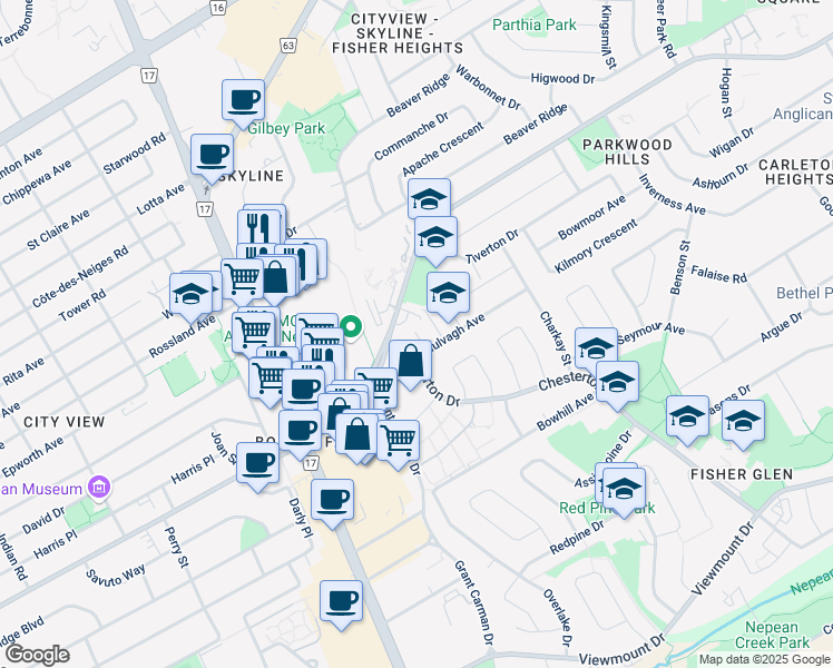 map of restaurants, bars, coffee shops, grocery stores, and more near in Ottawa