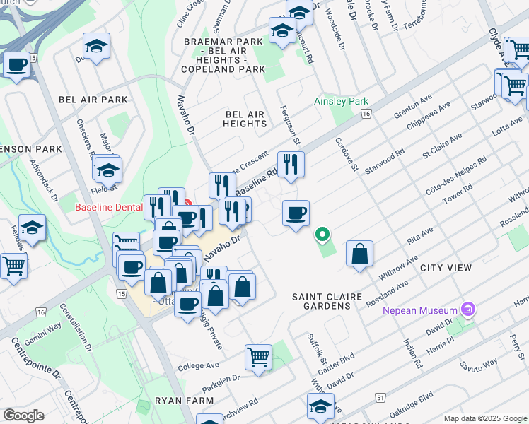 map of restaurants, bars, coffee shops, grocery stores, and more near 20 Deerfield Drive in Ottawa