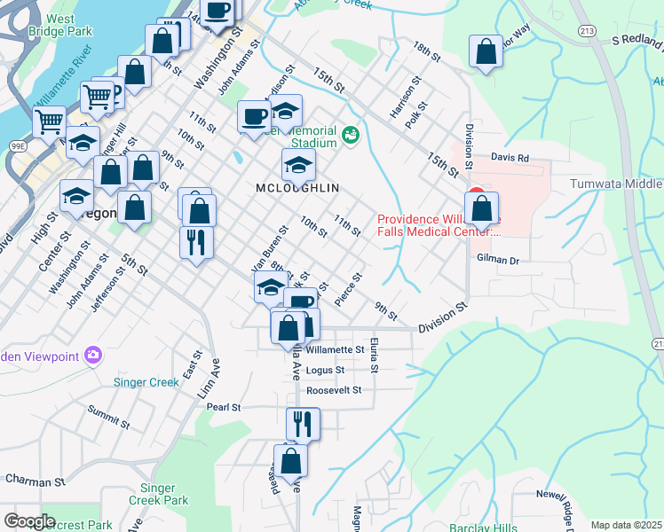 map of restaurants, bars, coffee shops, grocery stores, and more near 1519 9th Street in Oregon City