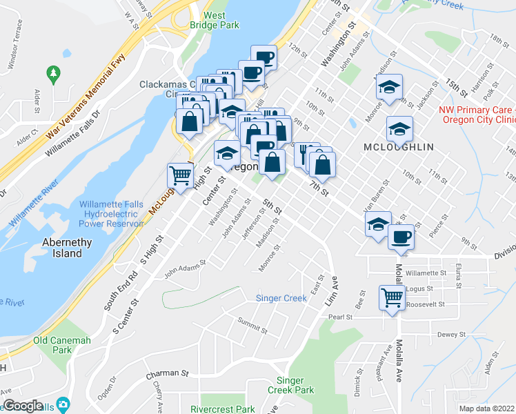 map of restaurants, bars, coffee shops, grocery stores, and more near 415 Jefferson Street in Oregon City