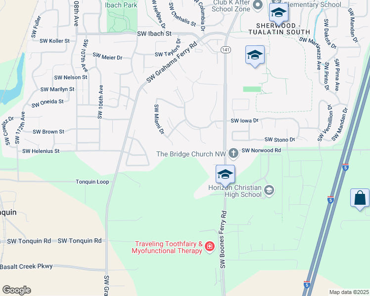 map of restaurants, bars, coffee shops, grocery stores, and more near 22960 Southwest Miami Place in Tualatin
