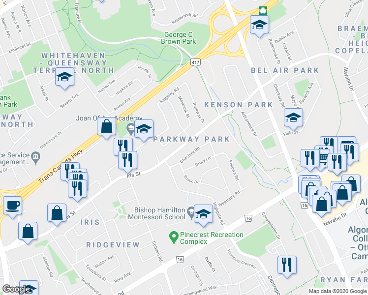 map of restaurants, bars, coffee shops, grocery stores, and more near in Ottawa