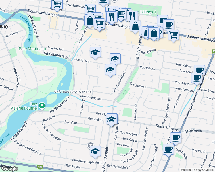 map of restaurants, bars, coffee shops, grocery stores, and more near 52 Rue des Bouleaux in Châteauguay