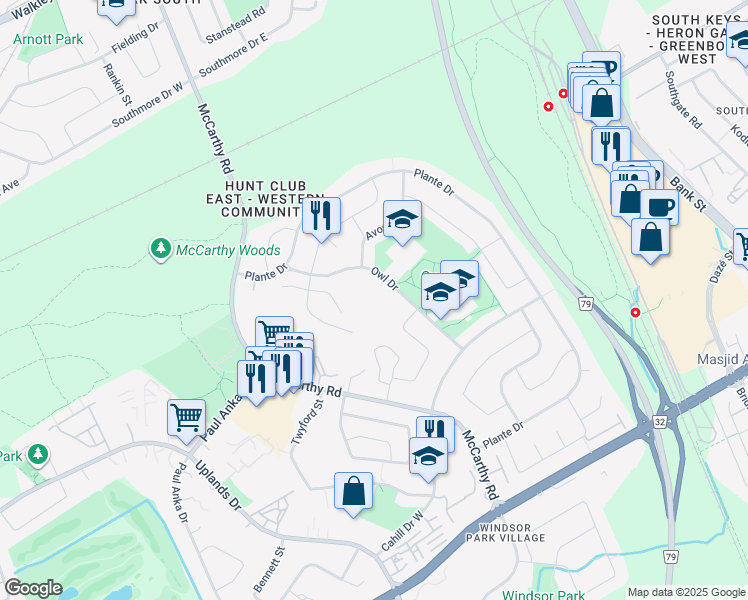 map of restaurants, bars, coffee shops, grocery stores, and more near 182 Owl Drive in Ottawa
