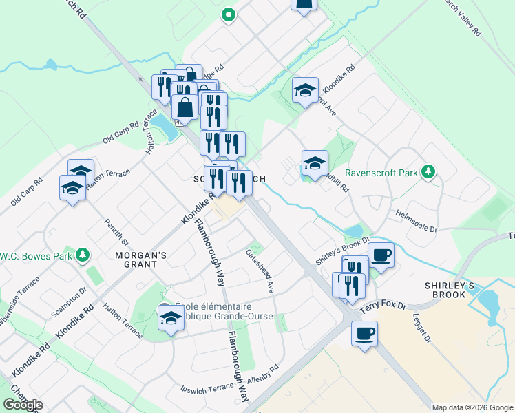 map of restaurants, bars, coffee shops, grocery stores, and more near 762 March Road in Ottawa