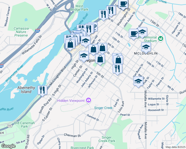 map of restaurants, bars, coffee shops, grocery stores, and more near 415 Jefferson Street in Oregon City