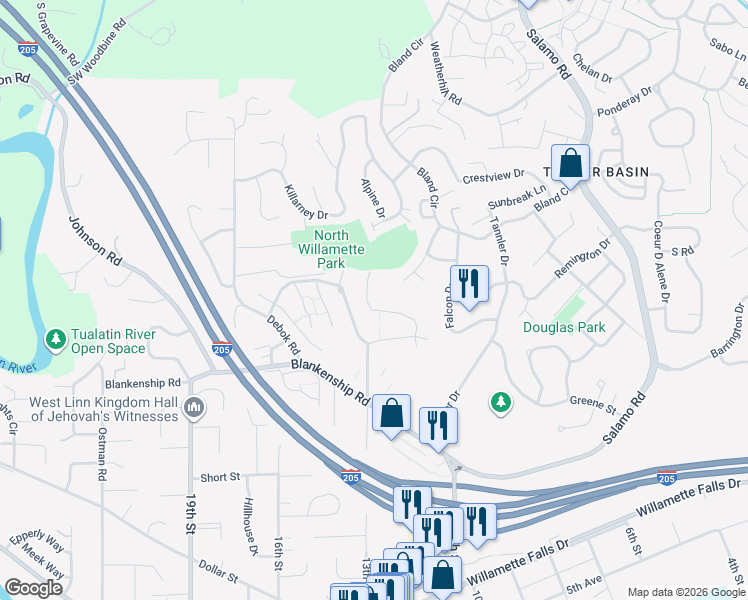 map of restaurants, bars, coffee shops, grocery stores, and more near 6375 Summerlinn Way in West Linn