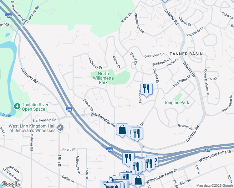 map of restaurants, bars, coffee shops, grocery stores, and more near 6375 Summerlinn Way in West Linn