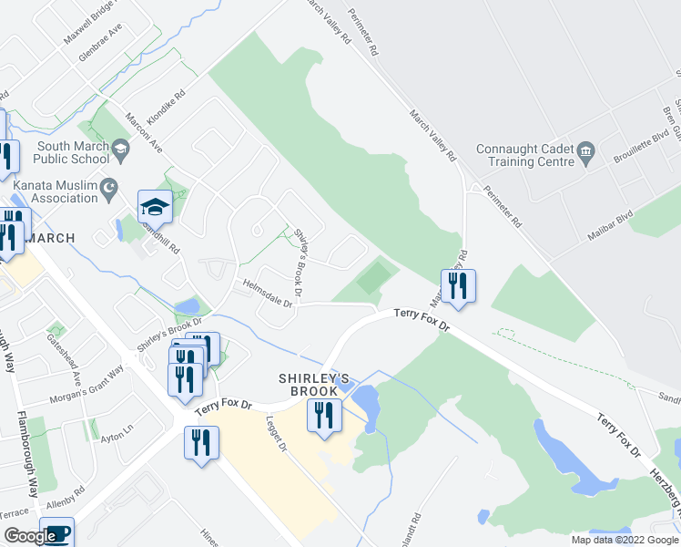 map of restaurants, bars, coffee shops, grocery stores, and more near 538 Aberfoyle Circle in Ottawa