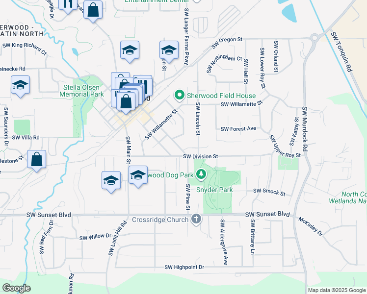 map of restaurants, bars, coffee shops, grocery stores, and more near 15489 Southwest Vista Avenue in Sherwood