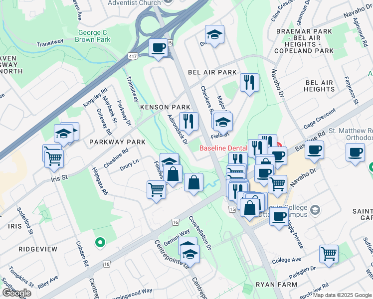 map of restaurants, bars, coffee shops, grocery stores, and more near 1266 Adirondack Drive in Ottawa