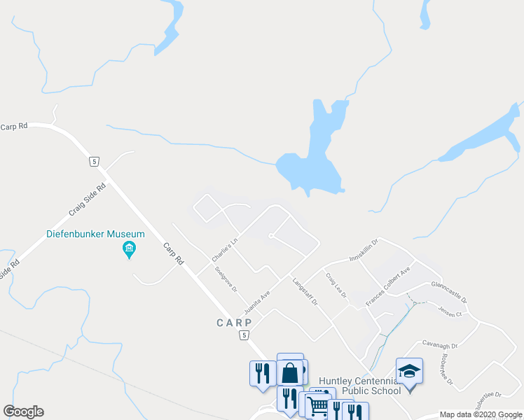 map of restaurants, bars, coffee shops, grocery stores, and more near 151 Charlie's Lane in Ottawa