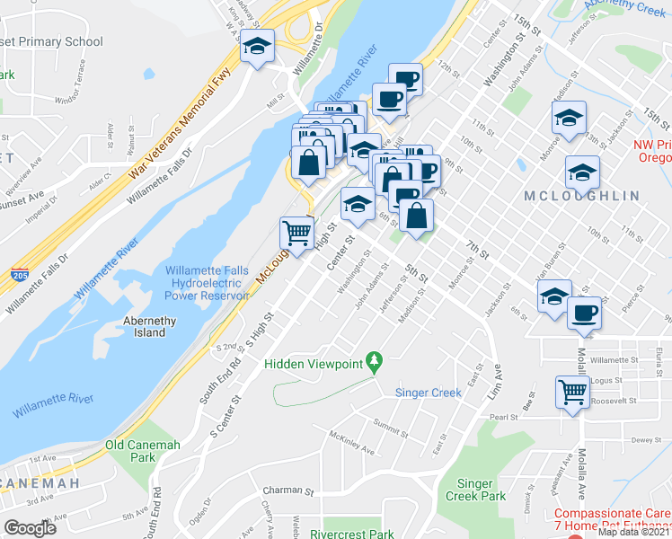 map of restaurants, bars, coffee shops, grocery stores, and more near 310 Center Street in Oregon City